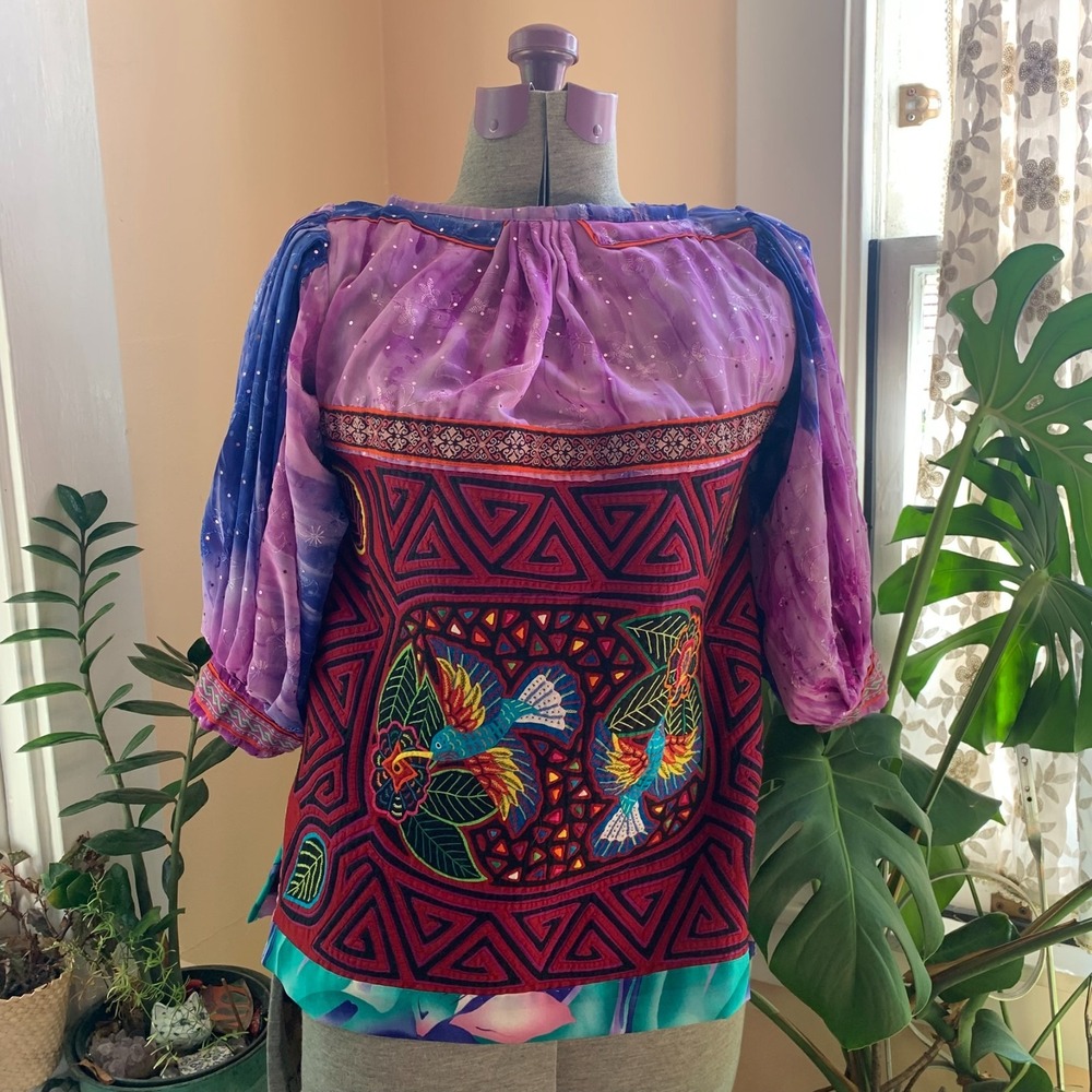 Vintage Handmade Mola Blouse Bird Embroidery Purple Sheer Sequin Top
